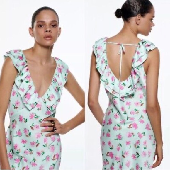 Zara Floral Satin Midi Dress Size M Tie Back, Summer, Trendy, blogger fave - Picture 2 of 8